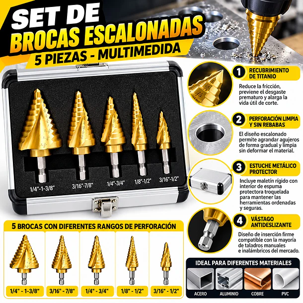 Set De 5 Brocas Escalonadas Cónicas Con Estuche Metálico 3