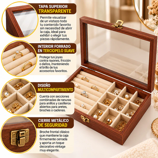 Joyero Organizador De Madera Con Tapa Transparente 20x15x5cm 3