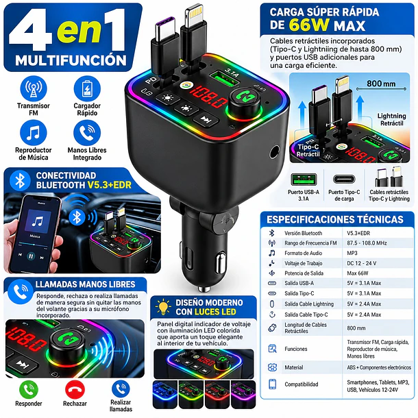 Transmisor Fm Bluetooth Y Cargador Rápido 4 En 1 Para Auto 3