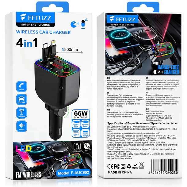 Transmisor Fm Bluetooth Y Cargador Rápido 4 En 1 Para Auto 4