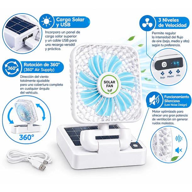 Ventilador Doble Portátil Para Auto Con Carga Solar Usb 3