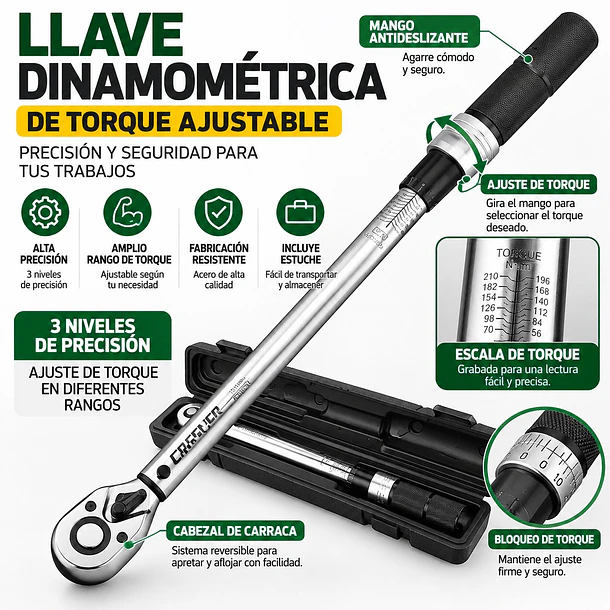Llave Dinamométrica Profesional Ajustable con Estuche y Tabla de Torque 2