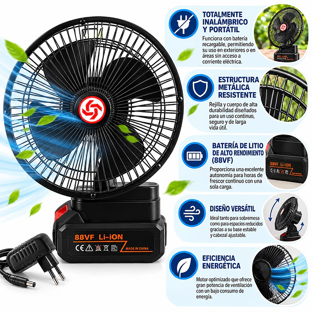 Ventilador Inalámbrico Recargable Con Batería De Litio 88vf 4