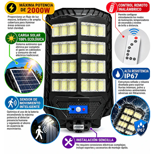 Foco Led Solar 2000w Para Exterior Con Control Remoto Ip67 5