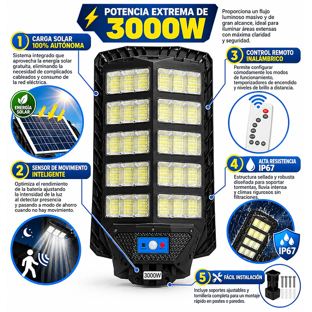 Foco Led Solar 3000w Para Exterior Con Control Remoto Ip67 3
