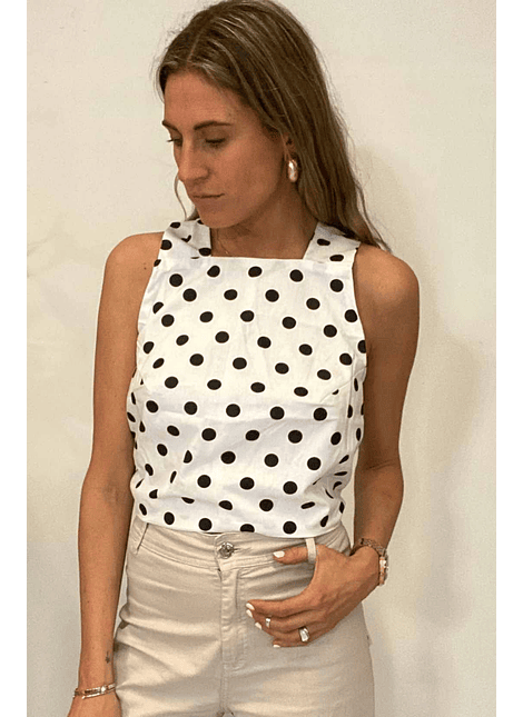 Blusa Top Blanca Lunares Negros Espalda Amarrable