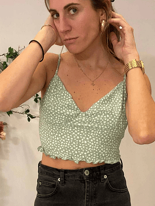 Polera Top Tirita Verde Con Flores Blancas Con Etiqueta Talla M Zara 