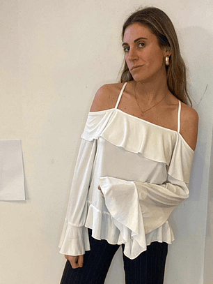 Polera Blanca Manga Larga Hombros Descubiertos Tiritas Bendita Gracia