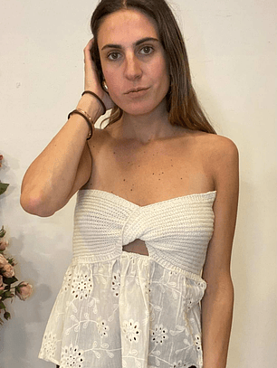 Polera Strapless Beige Lanilla y Broderíe Talla L 