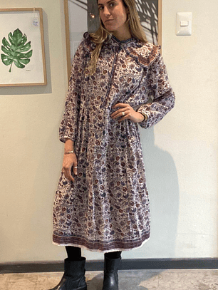 Vestido Flores Largo De Invierno Cuello Vuelos Talla L M.A.B.E