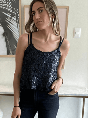 Polera Tirita Negra Lentejuelas por dentras Traslucido