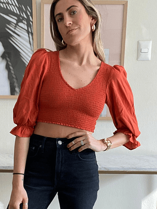Polera Top Terracota Ajustada Manga Tres Cuartos en Globo Parsome