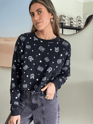 Polera Negra Manga Larga Estampada Talla L Converse