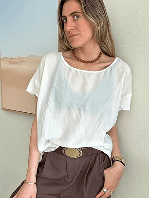 Polera Blanca De Seda Manga Corta Talla S tE vERDE