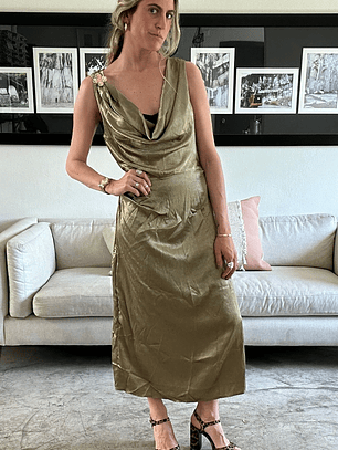 Vestido Dorado Grisaceo Broche Flor Talla L 