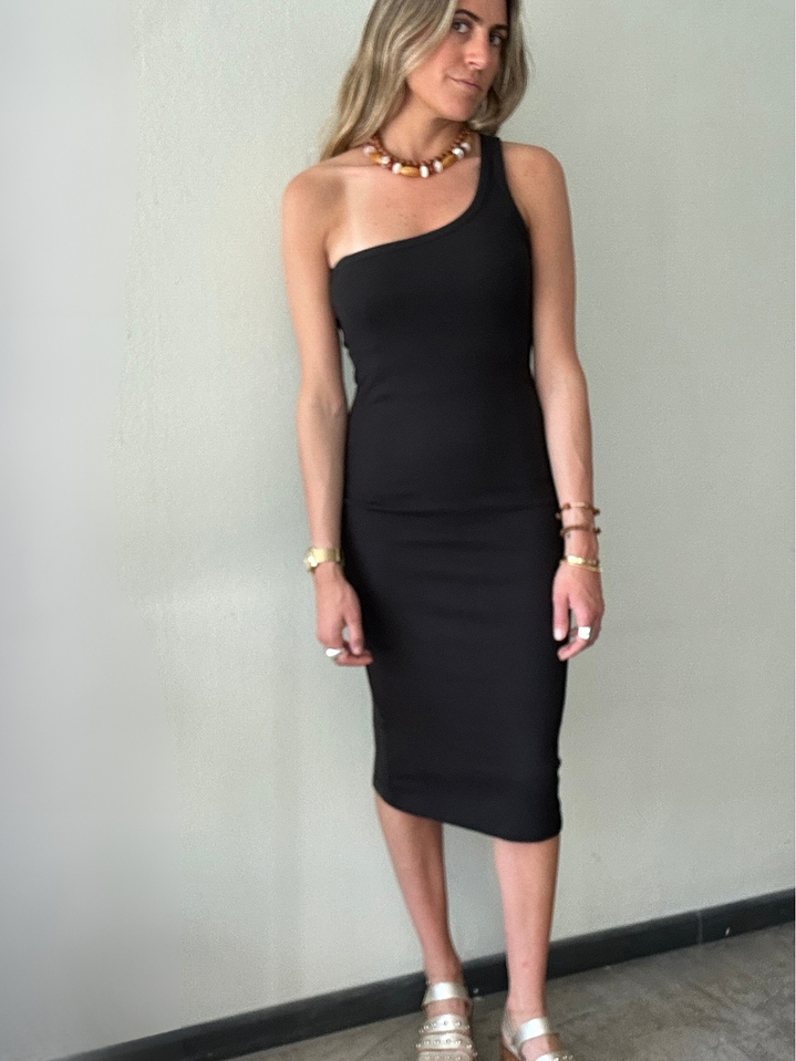 Vestido Midi Negro Ajustado Una Manga Talla M Zara 1