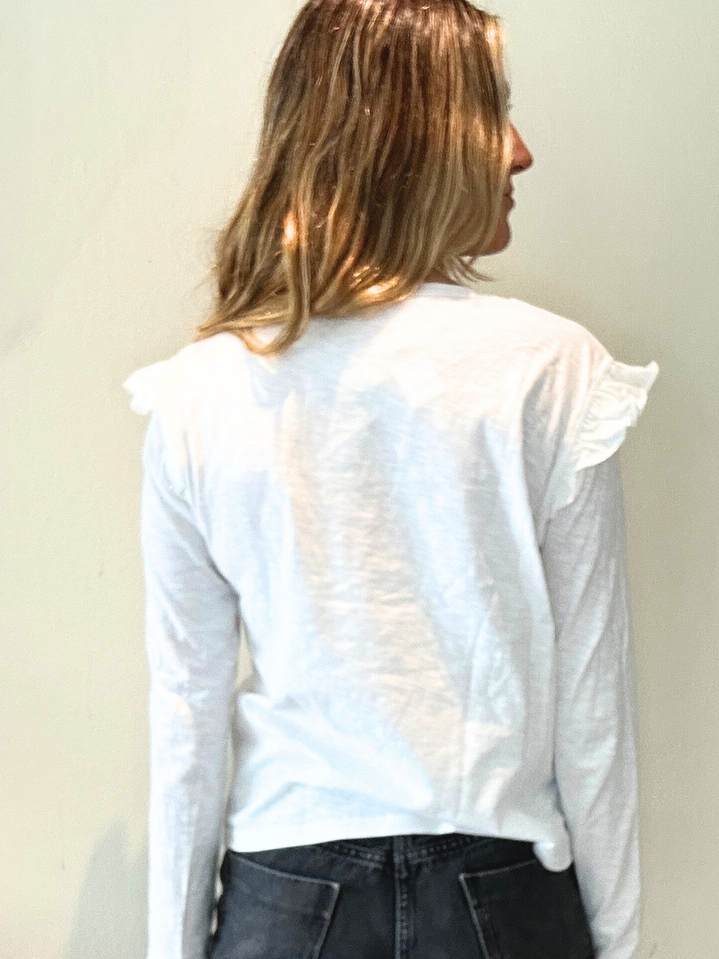 Polera Blanca Manga Larga Vuelitos en Los Hombros Talla L Raindoor 2