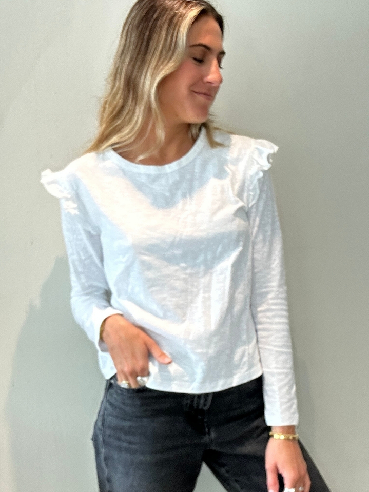 Polera Blanca Manga Larga Vuelitos en Los Hombros Talla L Raindoor 1