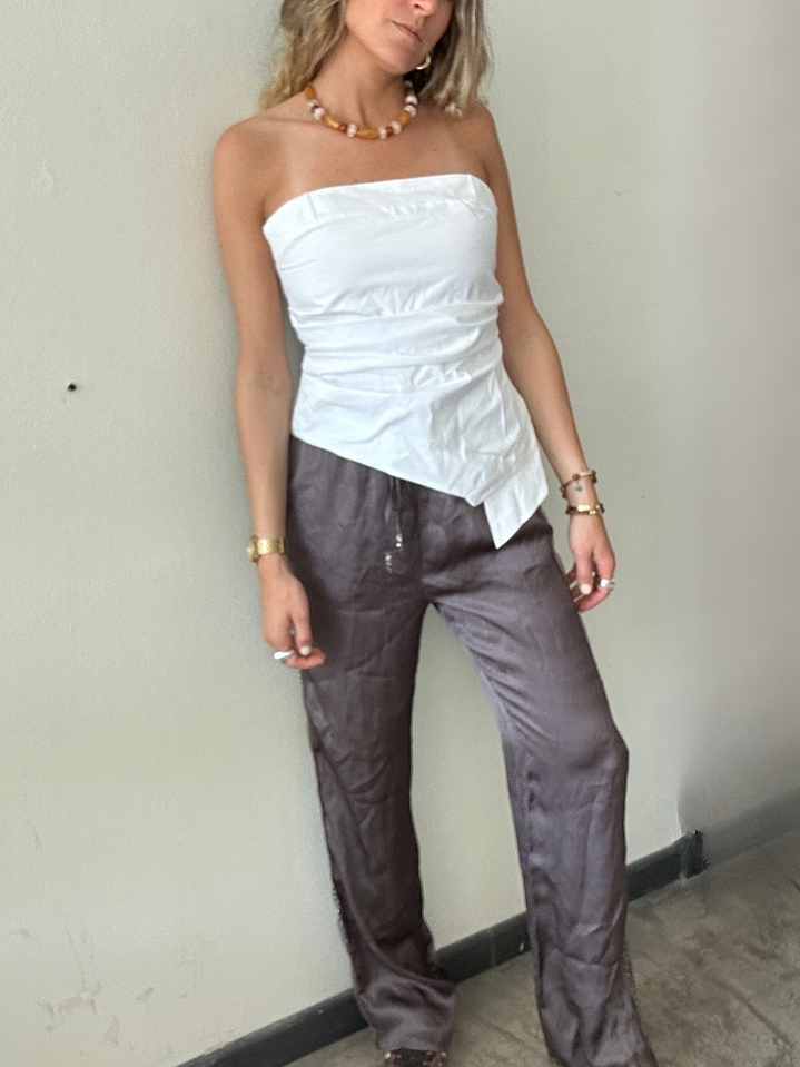 Pantalones Satinados Gris Franjas Laterales de mostacillas Talla S Zara 1