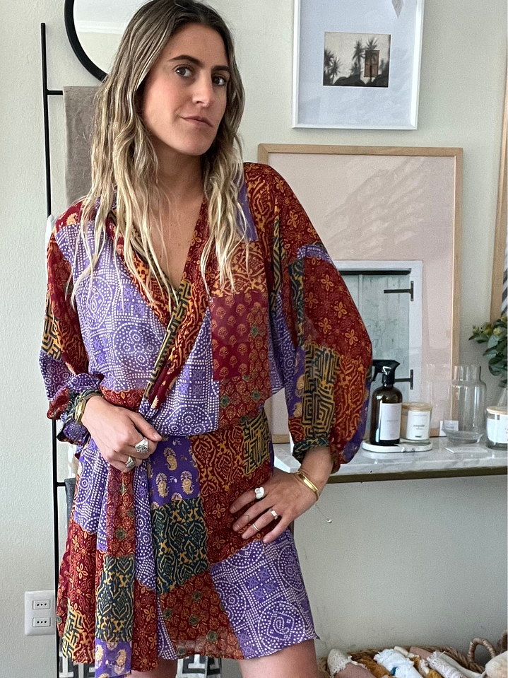 Vestido Escote Cruzado Diseños Morado/Terracota Talla M Zara 1