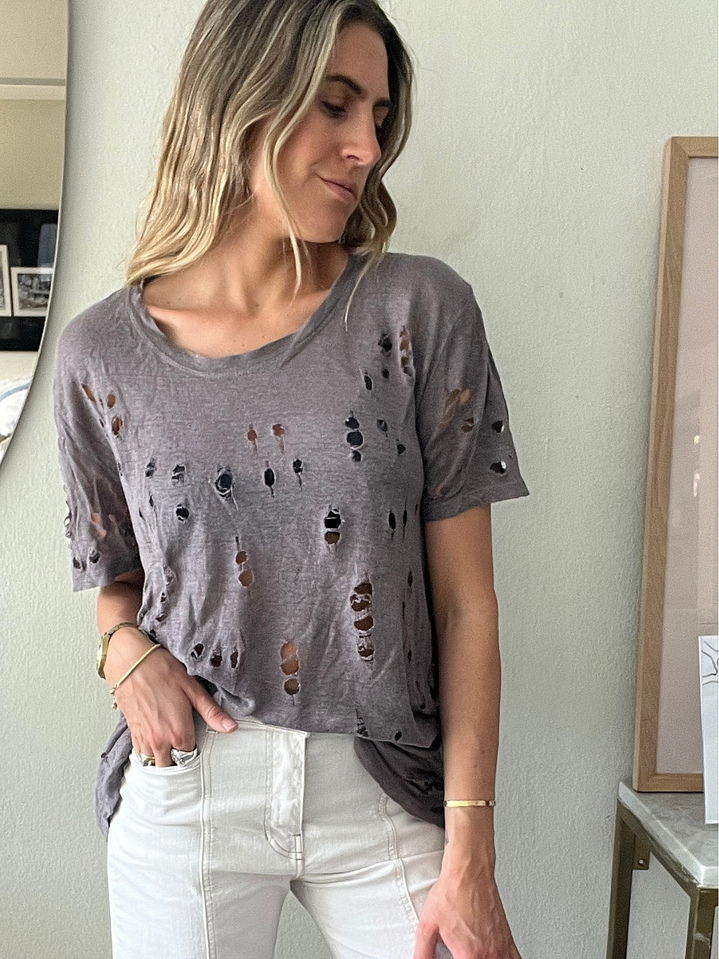 Polera manga Corta Gris /Café Rasgaduras Talla M IRO 1