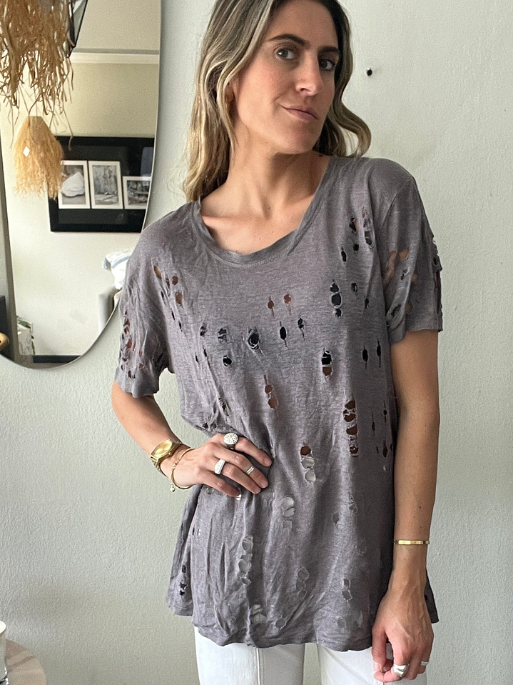 Polera manga Corta Gris /Café Rasgaduras Talla M IRO 3