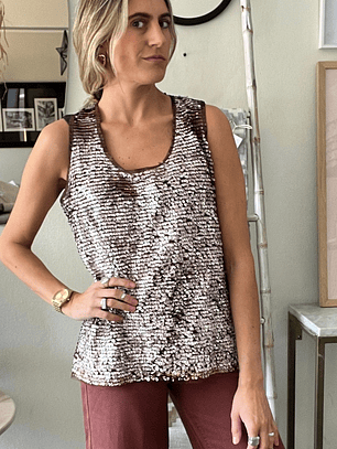 Polera Café Lentejuelas Talla Estándar