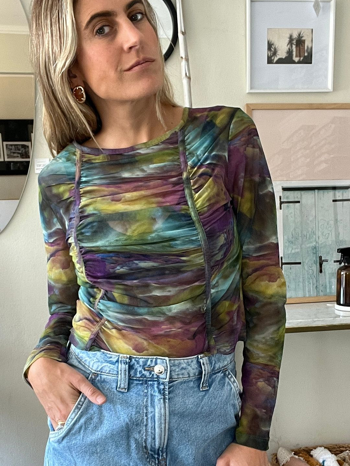 Polera Estampado Colores Drapeada Traslucía Talla M Zara 3