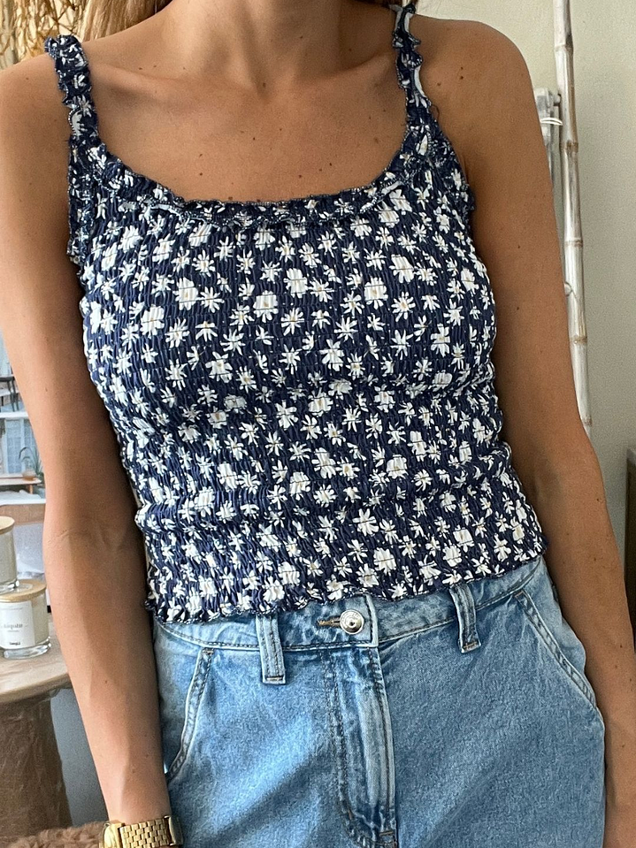 Polera Morada Flores Blancas Elasticada Talla L Wados 3