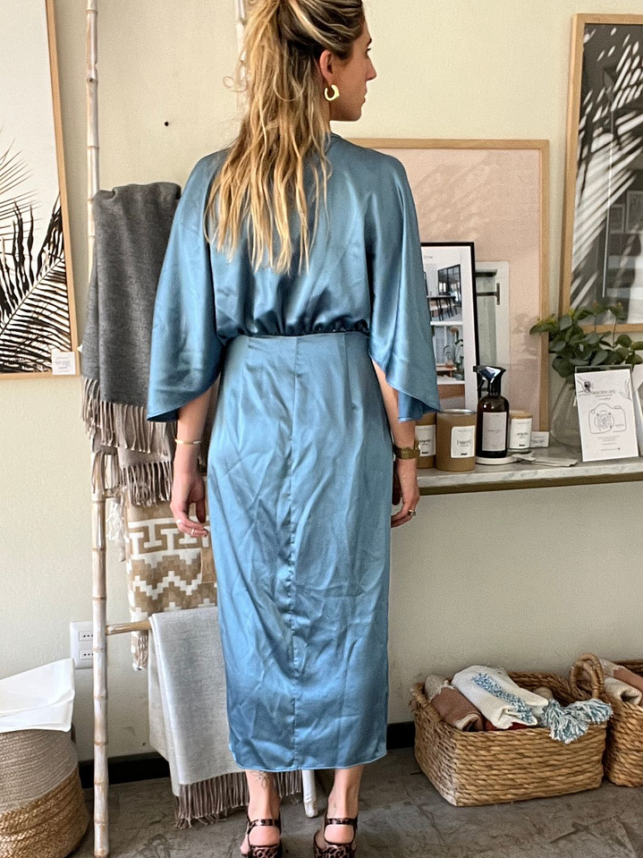 Vestido Elegante Escote Cruzado Azul Plata Con Etiqueta Talla S Zara 3