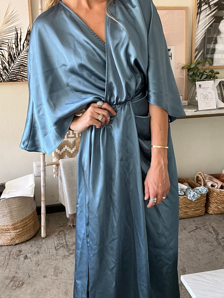 Vestido Elegante Escote Cruzado Azul Plata Con Etiqueta Talla S Zara 4