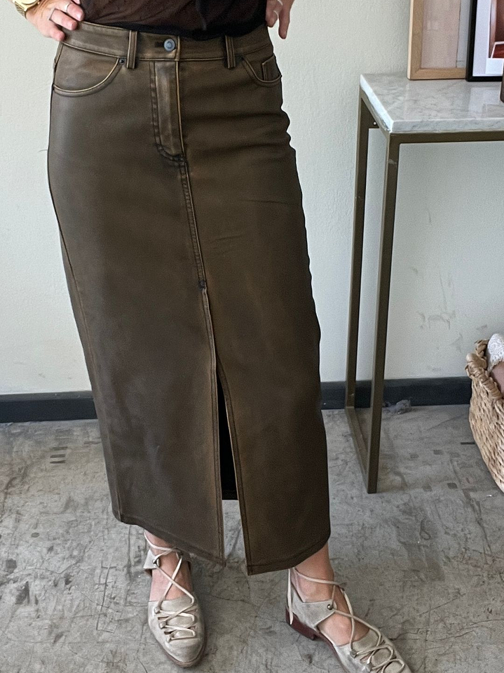 Pollera Tubo Ecocuero Midi Negro/Café Talla 36 Stradivarius 1