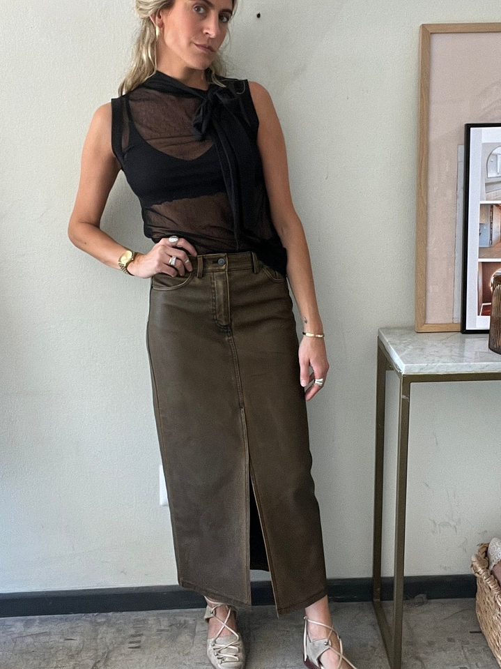 Pollera Tubo Ecocuero Midi Negro/Café Talla 36 Stradivarius 2