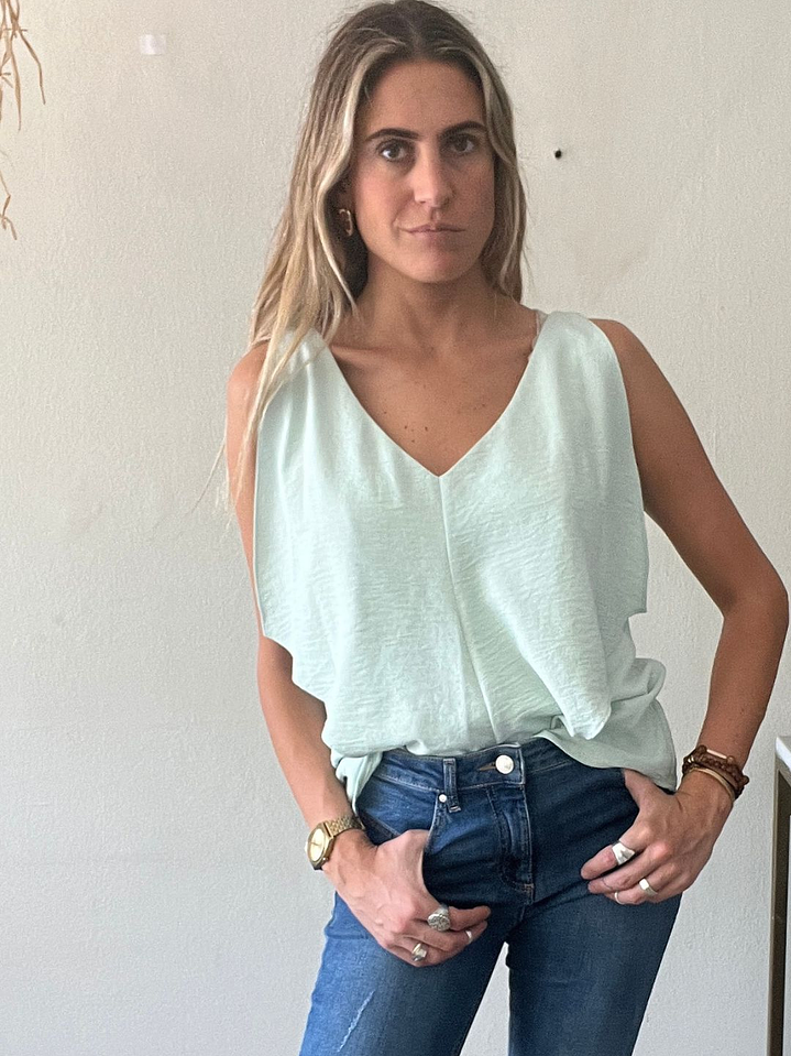 Polera Blusa Verde Agua Escote Vuelo En V Talla L ASH 2