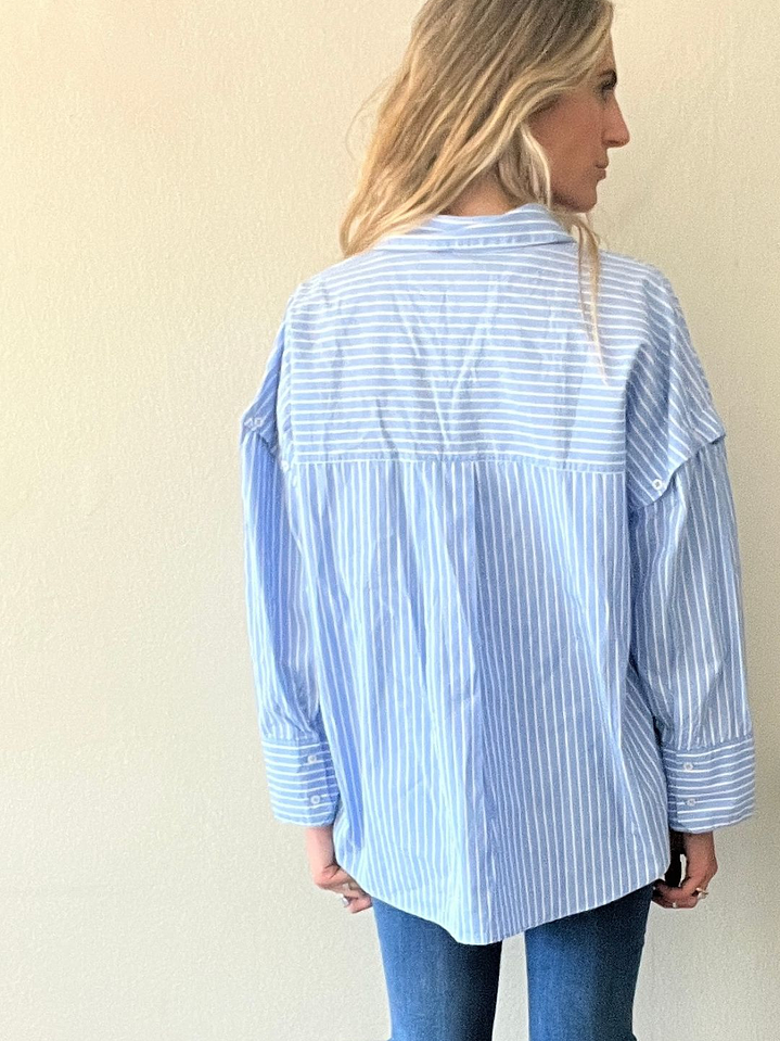 Blusa Celeste Rayas Blancas Mangas Desmontables Talla L Zara 3