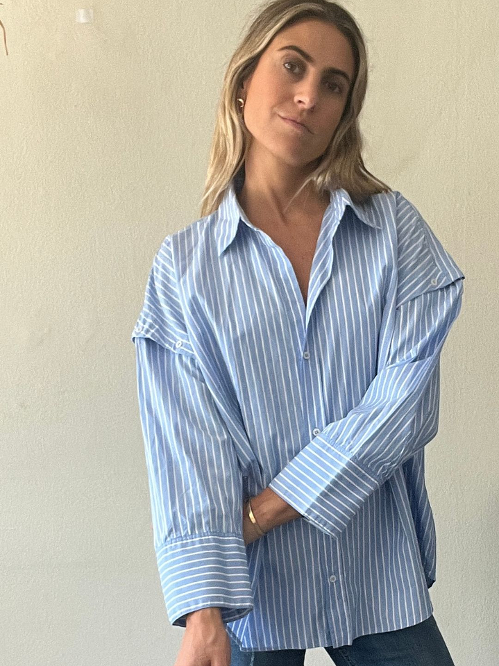 Blusa Celeste Rayas Blancas Mangas Desmontables Talla L Zara 5