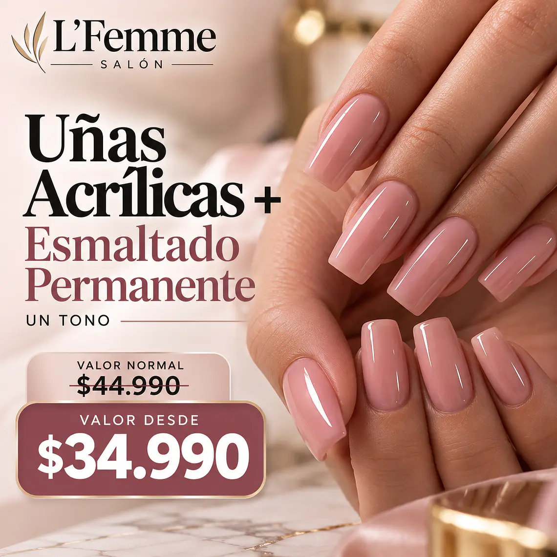 Uñas Acrílicas + Esmaltado Permanente un tono  1