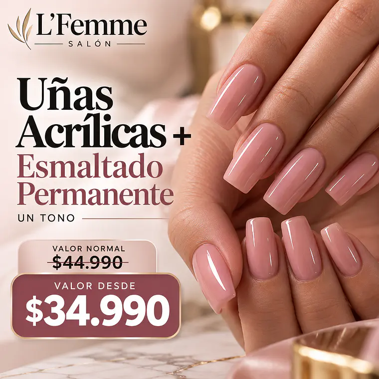 Uñas Acrílicas + Esmaltado Permanente un tono  1