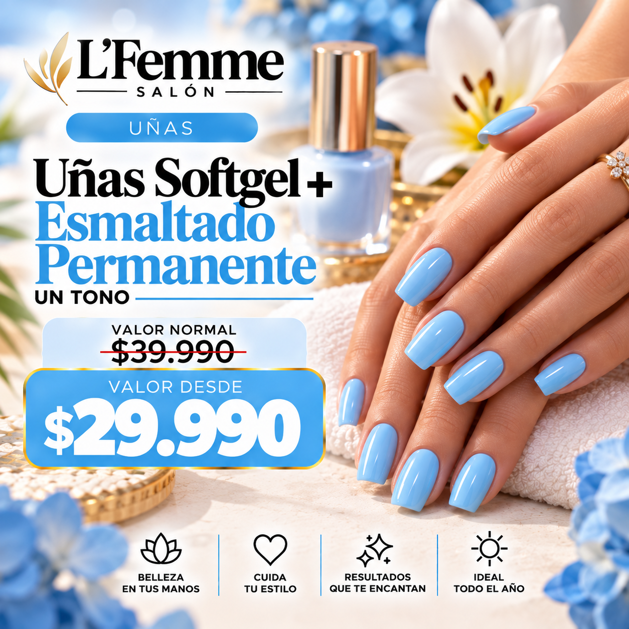 Uñas Softgel + Esmaltado Permanente un tono