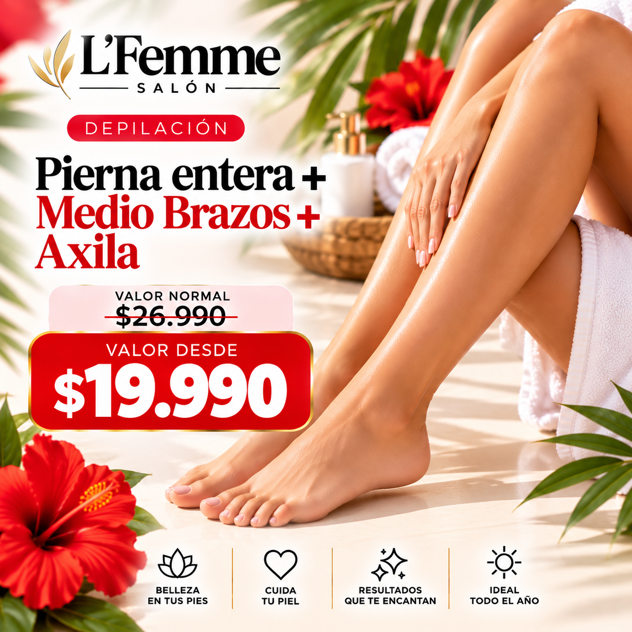 Depilación Pierna entera +Medio Brazos +Axila