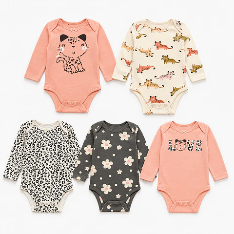Set 5 Bodys 100% Algodón para Niñas diseño Leoncita Print