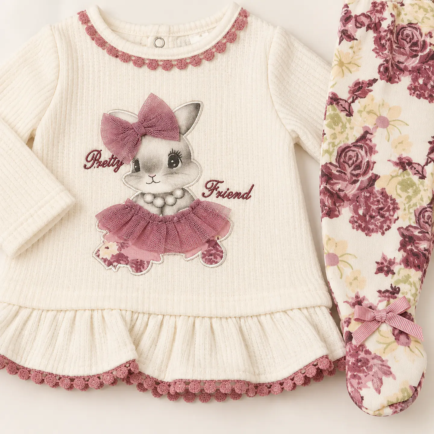 Conjunto 2 Piezas 100% Algodón para Bebé Niña – Conejita y Flores 3