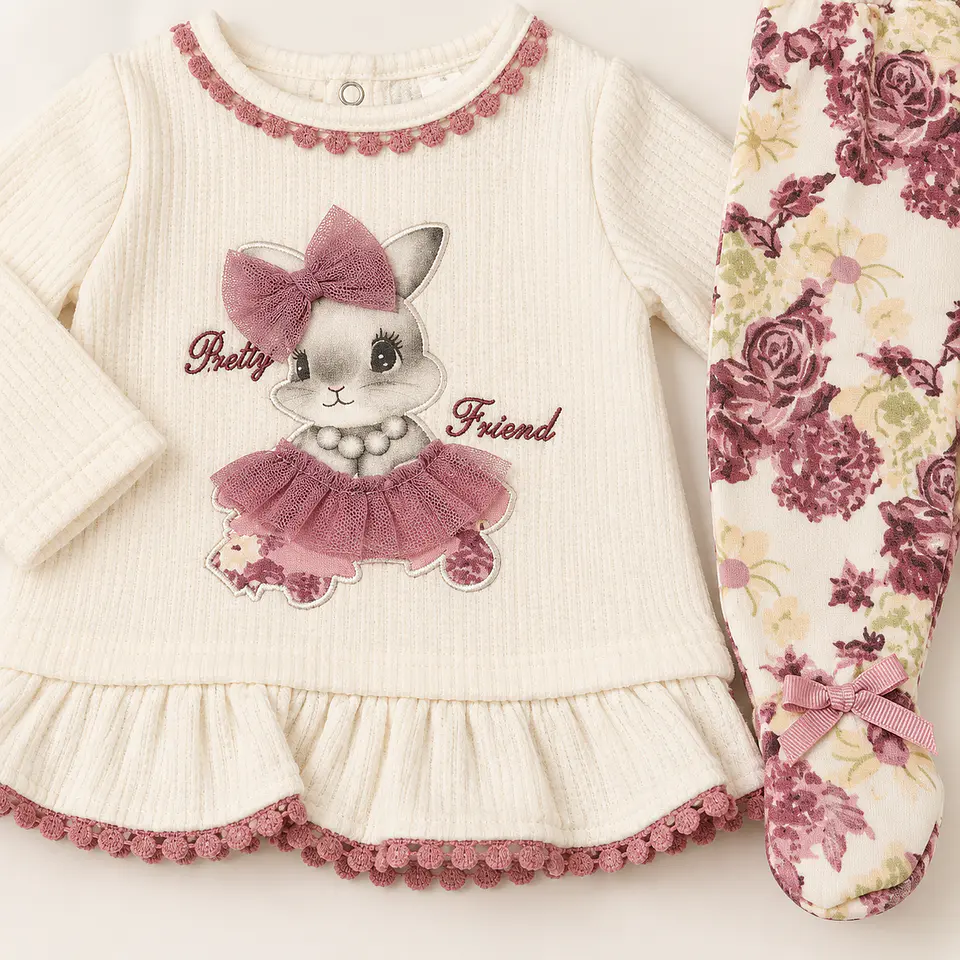 Conjunto 2 Piezas 100% Algodón para Bebé Niña – Conejita y Flores 3