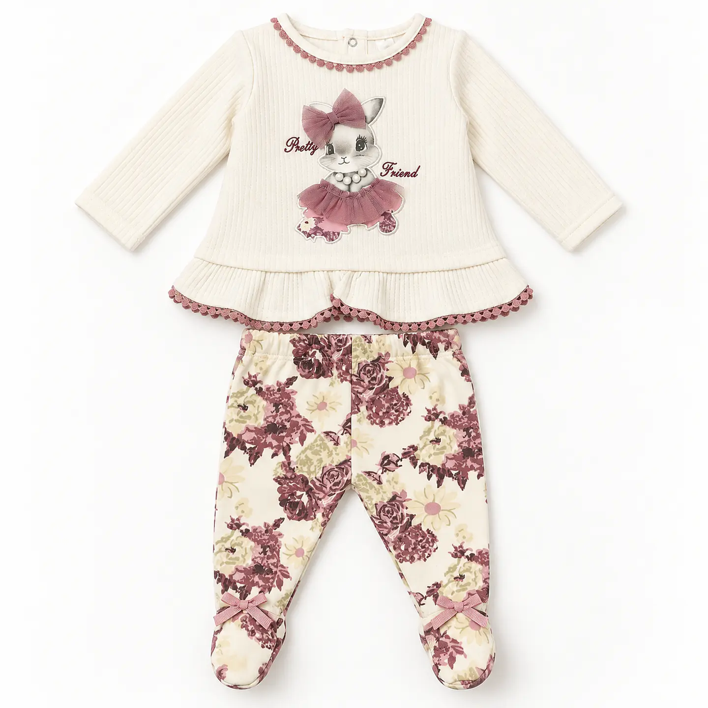 Conjunto 2 Piezas 100% Algodón para Bebé Niña – Conejita y Flores 1