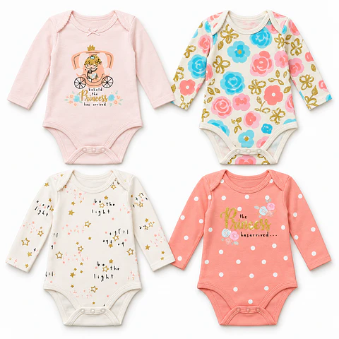 Pack 4 Bodys Manga Larga para Bebé Niña – Princesa y Flores