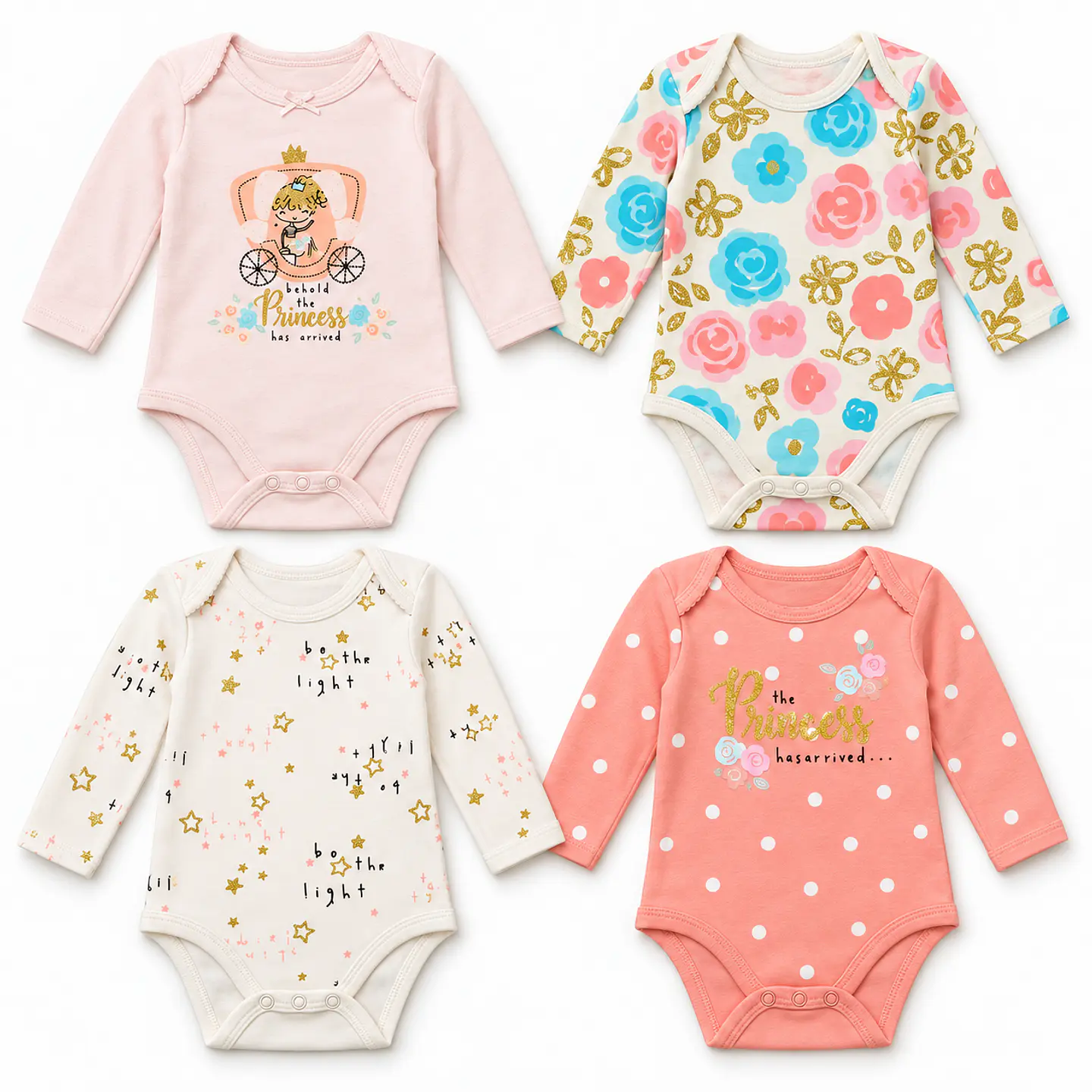 Pack 4 Bodys Manga Larga para Bebé Niña – Princesa y Flores 1