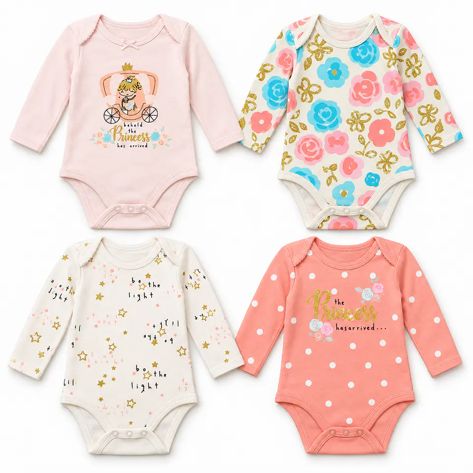 Pack 4 Bodys Manga Larga para Bebé Niña – Princesa y Flores 1