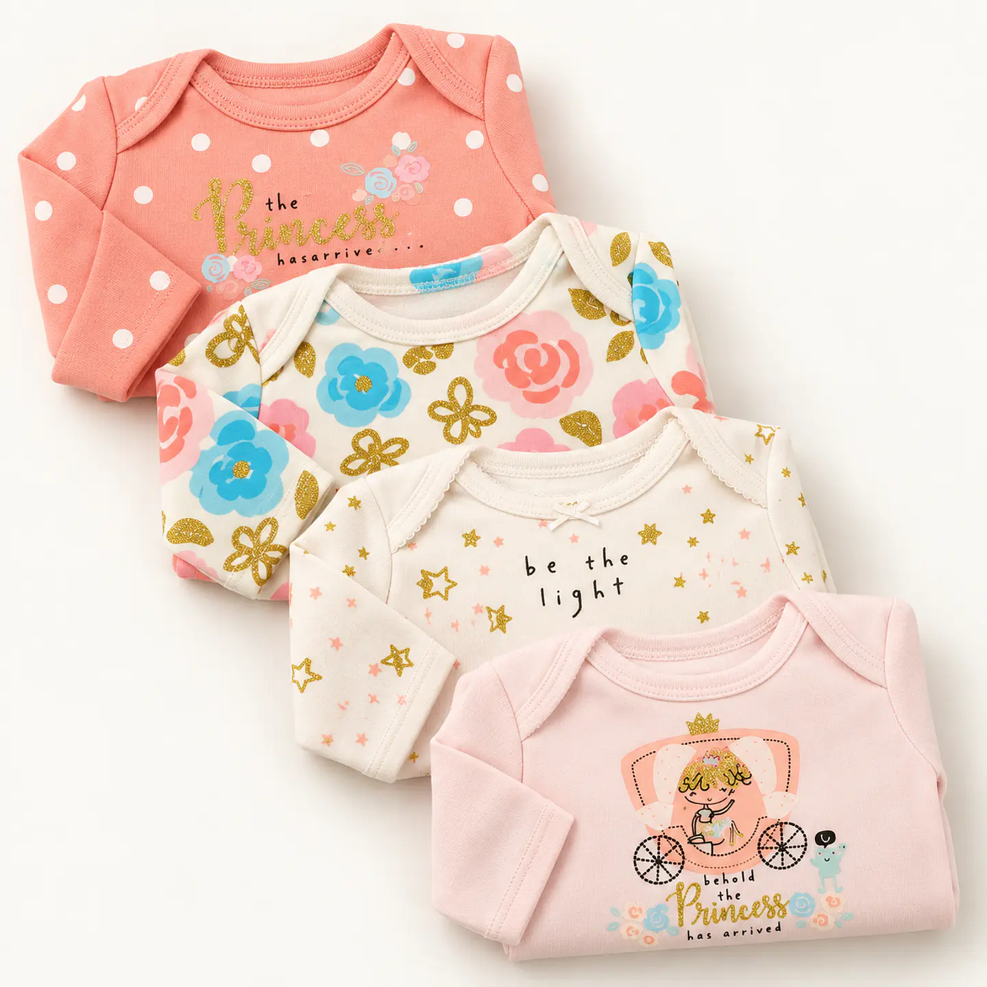Pack 4 Bodys Manga Larga para Bebé Niña – Princesa y Flores 2