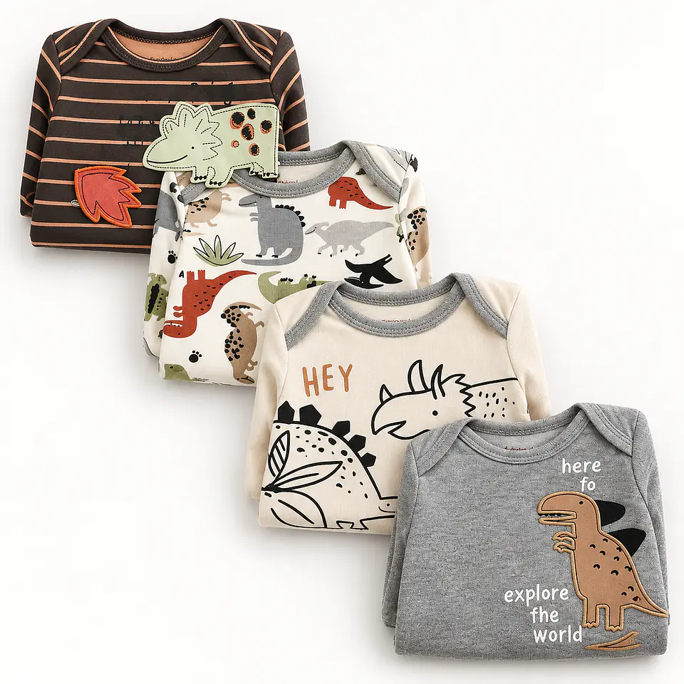 Pack 4 Bodys Manga Larga para Bebé Niño – Dinosaurios 2