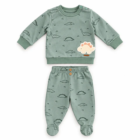 Conjunto 2 Piezas para Bebé Niño – Dinosaurios Verde Salvia